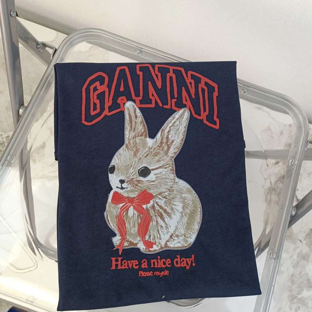 Ganni Navy Tee with Bunny and Red Accents - Picture 3 of 4